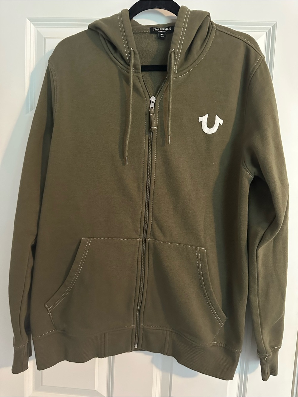 True Religion Men’s Size L Olive Green Zip-Up Hoodie Streetwear Y2K Logo